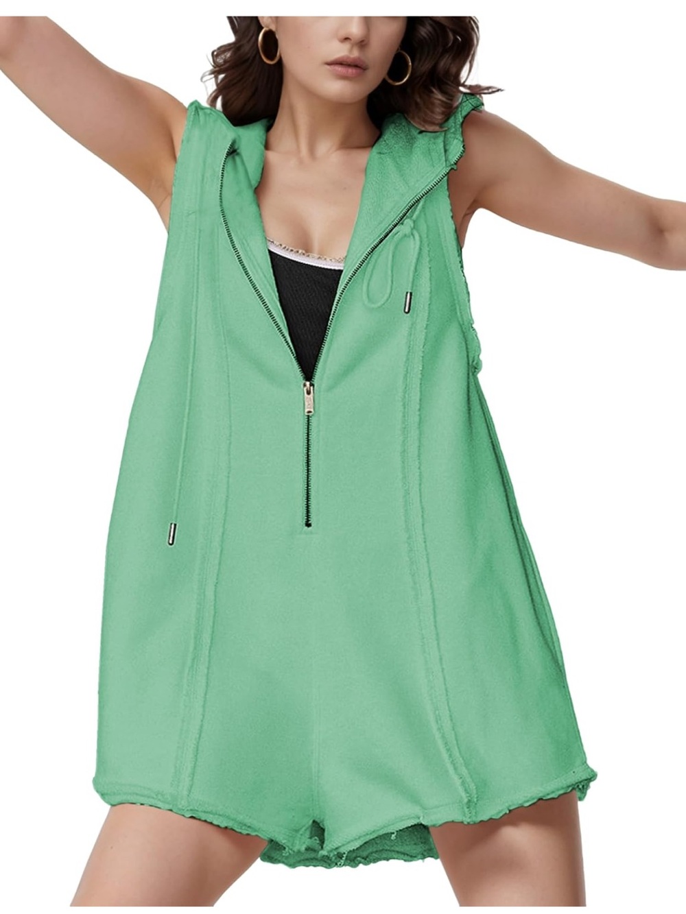 Sleeveless Green Hooded Romper with Front Zip